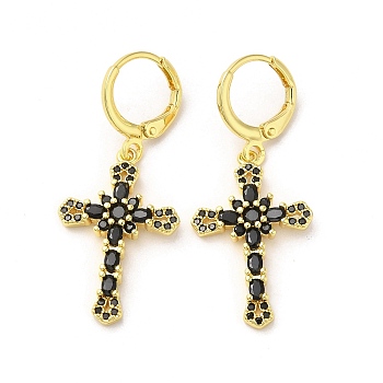 Cross Real 18K Gold Plated Brass Dangle Leverback Earrings, with Cubic Zirconia and Glass, Black, 39x17.5mm