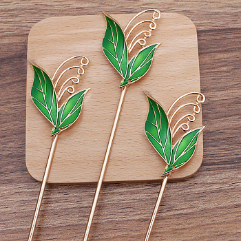 4 Loop Iron Hair Stick Finding, with Alloy Enamel Leaf, Light Gold, for Dagling Hairpin, Hairstick with Taseel Making, Lime Green, Pin Size: 120x2.5mm