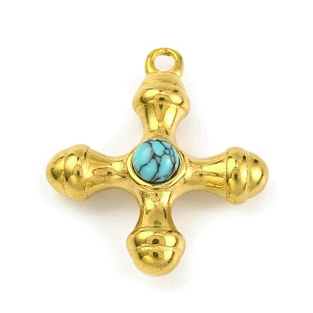 Synthetic Turquoise & 304 Stainless Steel Cross Pendants, Golden, 23x20x6mm, Hole: 1.6mm