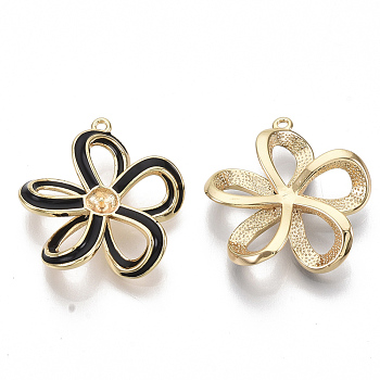 Golden Plated Alloy Peg Bails Pendants, with Enamel, Flower, Black, 21.5x20.5x5mm, Hole: 1mm, Pin: 0.7mm