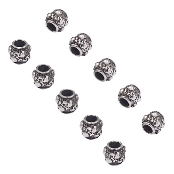 Halloween 316 Surgical Stainless Steel European Beads, Large Hole Beads, Barrel with Skull, Antique Silver, 8.5x9.5mm, Hole: 4.5mm, 10pcs/box