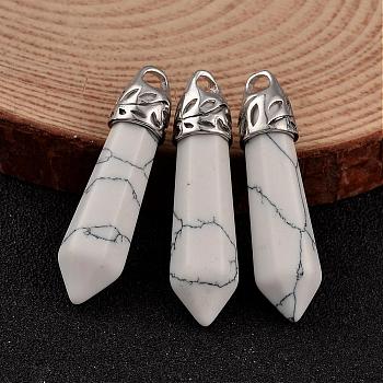 Bullet Natural Howlite Pendants, with Platinum Tone Alloy Findings, 33~40x8~10mm, Hole: 3x2mm
