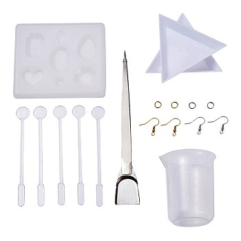 DIY Earring Makings, with Pendant Silicone Molds, Brass Jump Rings & Earring Hooks, 304 Stainless Steel Tweezers, Plastic Stirring Rod & Display Trays & Measuring Cup, White, 180x120x58mm