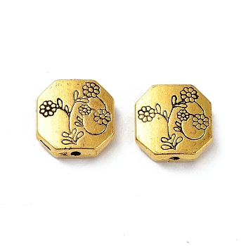 Tibetan Style Alloy Beads, Cadmium Free & Lead Free, Hexagon with Flower, Antique Golden, 11x11x3.5mm, Hole: 1.4mm