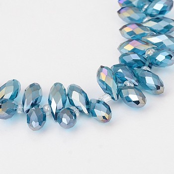 Electroplate Glass Beads Strands, Top Drilled Beads, Faceted Teardrop, AB Color Plated, Steel Blue, 12~13x6mm, Hole: 1mm, about 95~99pcs/strand, 15.7~18 inch