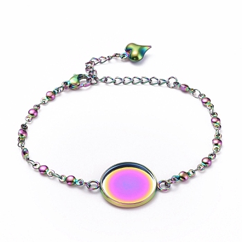 Rainbow Color 304 Stainless Steel Bracelet Making, with Lobster Claw Clasps and Flat Round Cabochon Settings, Tray: 16mm, 6-1/4 inch(15.8cm)