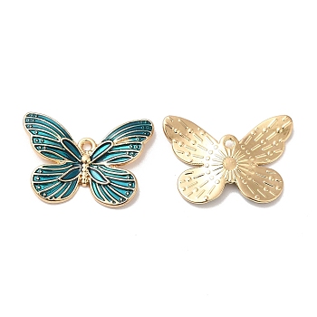 Alloy Enamel Pendants, Long-Lasting Plated, Cadmium Free & Nickel Free & Lead Free, Golden, Butterfly Charm, Teal, 16x22x2.4mm, Hole: 1.2mm