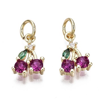 Brass Micro Pave Green & Purple Cubic Zirconia Charms, with Jump Rings, Cadmium Free & Nickel Free & Lead Free, Cherry, Real 16K Gold Plated, 11x7.5x2.5mm, Jump Ring: 5x1mm, 3mm inner diameter