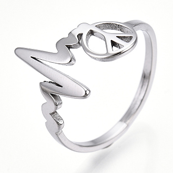 304 Stainless Steel Heart Bit with Peace Sign Adjustable Ring, Wide Band Ring for Women, Stainless Steel Color, US Size 6 1/4(16.7mm)