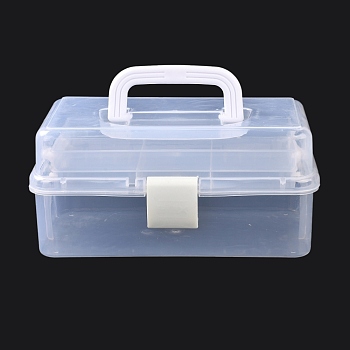 Rectangle Portable PP Plastic Storage Box, with 3-Tier Fold Tray, Tool Organizer Handled Flip Container, White, 15.5x28x12.5cm