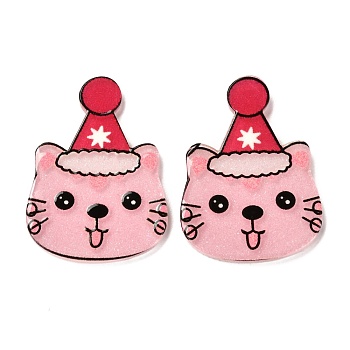Christmas Themed Acrylic Cabochons, Cat with Christmas Hat, Pink, 31.5x23x2mm