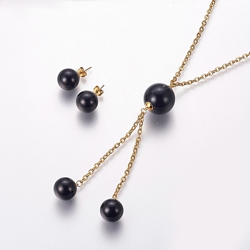 304 Stainless Steel Jewelry Sets, Pendant Necklaces and Stud Earrings, with Acrylic, Round, Golden, Necklace: 27.9 inch(71cm), Ear Studs: 27x14mm, Pin: 0.8mm
