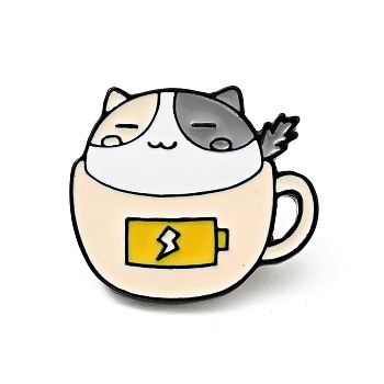 Coffee Cup Cat Enamel Pin, Electrophoresis Black Plated Alloy Badge for Backpack Clothes, Antique White, 21.5x24.5x2mm