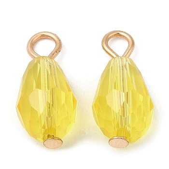 Glass Pendants, with Light Gold Brass Loops, Faceted, Teardrop Charms, Light Khaki, 17~17.5x8x8mm, Hole: 2.2~2.8mm