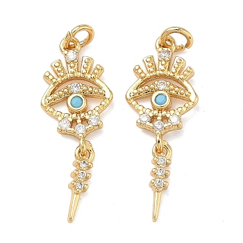 Brass Micro Pave Cubic Zirconia Pendants, Evil Eye Charms, Lead Free & Cadmium Free, Rack Plating, Long-Lasting Plated, Real 18K Gold Plated, 22.5x8.5x2mm, Jump Ring: 4x0.8mm, Inner Diameter: 2.5mm