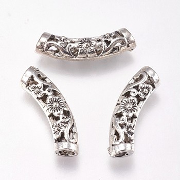Alloy Tube Beads, with Flower Pattern, Antique Silver, 6.5x20.5x5mm, Hole: 2.5mm