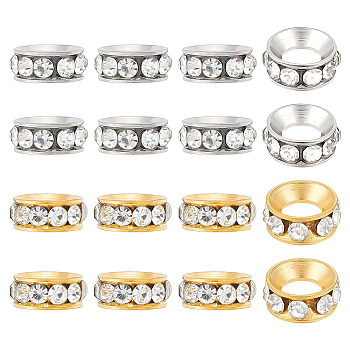 Unicraftale 16Pcs 2 Colors 201 Stainless Steel Crystal Rhinestone Spacer Beads, Donut, Platinum & Golden, 11x4.5mm, Hole: 5.5mm, 8pcs/color