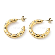 Real 18K Gold Plated 304 Stainless Steel Ring Stud Earrings with Rhinestone, Half Hoop Earrings, Crystal, 26x5mm(EJEW-L267-003G-01)