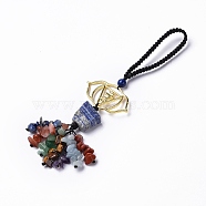 Natural Raw Lapis Lazuli & Mixed Stone Chips Tassel Pendant Decorations, Chakra Theme Alloy Charms Hanging Ornament, Ajna, 155mm, Link: 24x44x2mm(HJEW-P014-01G-03)