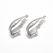 304 Stainless Steel Pendants, Shrimp, Stainless Steel Color, 27.5x14x4mm, Hole: 1.2mm(STAS-L234-151P)