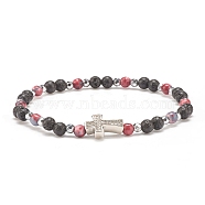 Natural & Synthetic Mixed Gemstone Beaded Stretch Bracelet with Clear Cubic Zirconia Cross for Women, Dark Red, Inner Diameter: 2-1/4 inch(5.6cm)(BJEW-JB08247-01)