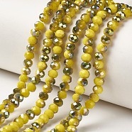 Electroplate Opaque Glass Beads Strands, Half Green Plated, Faceted, Rondelle, Yellow, 6x5mm, Hole: 1mm, about 85~88pcs/strand, 16.1~16.5 inch(41~42cm)(EGLA-A034-P6mm-S07)