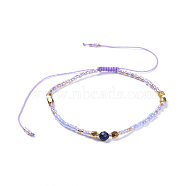 Adjustable Nylon Thread Braided Beads Bracelets, with Glass Seed Beads and Faceted Natural Lapis Lazuli(Dyed) Round Beads, 2 inch(5.2cm)(BJEW-JB04379-02)