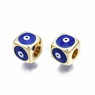Brass European Beads, with Enamel, Large Hole Beads, Real 18K Gold Plated, Nickel Free, Cube with Evil Eye, Medium Blue, 9x10x10mm, Hole: 4mm(X-KK-S362-044B-NF)