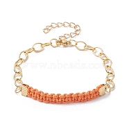 Waxed Cotton Cords Braided Link Bracelets, with Golden Brass Cable Chains, Coral, 7-1/8 inch(18cm)(BJEW-JB09963-04)