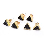 Natural Druzy Quartz Crystal Stud Earring, with Brass Findings, Triangle, Golden, Black, 10x11x4~7mm, Pin: 0.7mm(EJEW-F173-E08-G)