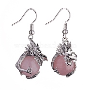 Natural Rose Quartz Dragon Dangle Earrings, Platinum Brass Jewelry for Women, 42mm, Pin: 0.6mm(EJEW-A092-06P-08)