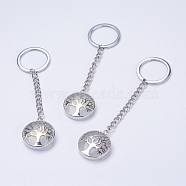 Opalite Keychain, with Iron Key Rings, Iron Chain and Brass Finding, Flat Round with Tree of Life, 100~120mm, Pendant: 31x27x7mm(KEYC-E023-02C)