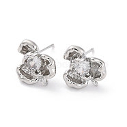 Brass Micro Pave Clear Cubic Zirconia Stud Earrings Finding, Flower, Platinum, 15x13mm, Hole: 1.6mm, Pin: 11x0.8mm(KK-Z084-12P)