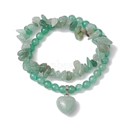 2pcs 2 Styles 6mm Round & Chip Natural Green Aventurine Beaded Stretch Bracelet Sets, Heart Charm Stackable Bracelets for Women, Inner Diameter: 2-1/8~2-3/8 inch(5.5~6cm), 1pc/style(BJEW-TA00517-02)