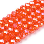 Electroplate Glass Beads Strands, Opaque Solid Color, AB Color Plated, Faceted, Rondelle, Orange Red, 6x5mm, Hole: 1mm, about 84~85pcs/strand, 41.5~42cm(EGLA-A044-P6mm-B03)