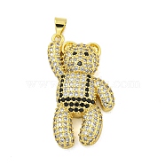 Brass Micro Pave Clear Cubic Zirconia Pendants, Real 18K Gold Plated, Bear, Black, 35x21x6mm, Hole: 4.5x3mm(KK-R159-13G-02)