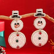 Christmas Style Snowman Dangle Stud Earrings, with Glass Beads Handmade for Women, White, 70x32mm(QM7832)