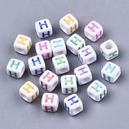 Opaque White Acrylic Beads, with Enamel, Horizontal Hole, Cube with Mixed Color Letter, Letter.H, 6x6x6mm, Hole: 3mm, about 2900pcs/500g(SACR-R252-02H)