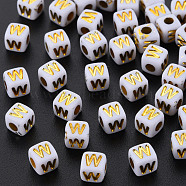 Opaque White Acrylic Beads, Metal Enlaced, Cube with Letters, Letter.W, 4.5mm, Hole: 2mm, about 5000pcs/500g(MACR-Q242-010W)