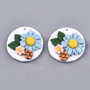 Handmade Polymer Clay Pendants, Flat Round with Flower, Colorful, 29.5~30.5x8~9mm, Hole: 1.8~2mm(CLAY-N010-016)