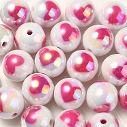 UV Plating Rainbow Iridescent Acrylic Beads, Round with Heart Pattern, Fuchsia, 16x15mm, Hole: 3mm(X1-OACR-F004-09E)