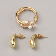 Brass Jewelry Set with Cubic Zirconia, Plastic Pearl Beaded Open Cuff Rings & Teardrop Stud Earrings, Golden, US Size 8 1/2(18.5mm), 16.5x8mm(SJEW-F223-02)