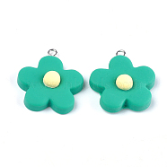 Resin Pendants, with Platinum Plated Iron Findings, Flower, Light Sea Green, 23~24x20~22x9~10mm, Hole: 2mm(RESI-Q207-02D)