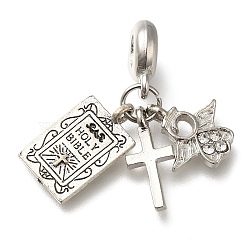 Rack Plating Alloy Crystal Rhinestone European Dangle Charms, Religion Cross & Angel Large Hole Pendants, Platinum, 31.5mm, Hole: 4.5mm(PALLOY-A009-04P)