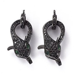 Brass Micro Pave Black & Green Cubic Zirconia Lobster Claw Clasp, Long-Lasting Plated, with Jump Rings, Snake Shape, Electrophoresis Black, 23x12.5x7mm(ZIRC-Z011-19EB)