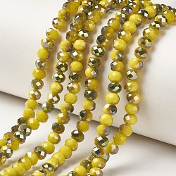 Electroplate Opaque Glass Beads Strands, Half Green Plated, Faceted, Rondelle, Yellow, 6x5mm, Hole: 1mm, about 83~85pcs/strand, 38~39cm(EGLA-A034-P6mm-S07)