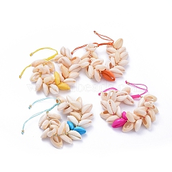 Adjustable Nylon Thread Cord Braided Bead Bracelets, with Natural Cowrie Shell Beads and Brass Beads, Golden, Mixed Color, 5~9cm(BJEW-JB05117)