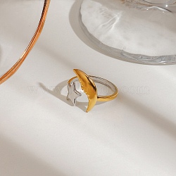 304 Stainless Steel Cuff Rings for Women, Star & Moon, Golden & Stainless Steel Color, Inner Diameter: 18mm(RJEW-B133-05A)