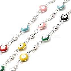 Enamel Flat Round with Evil Eye Link Chains, with Stainless Steel Color Plated 304 Stainless Steel Findings, Unwelded, with Spool, Colorful, 11x6x3mm, 8x3x2mm(CHS-G021-01P-02)