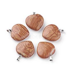 Natural Picture Jasper Pendants, with Platinum Tone Alloy Findings, Heart, 22~23x21x6~6.5mm, Hole: 2.5x5.5mm(G-S219-10)